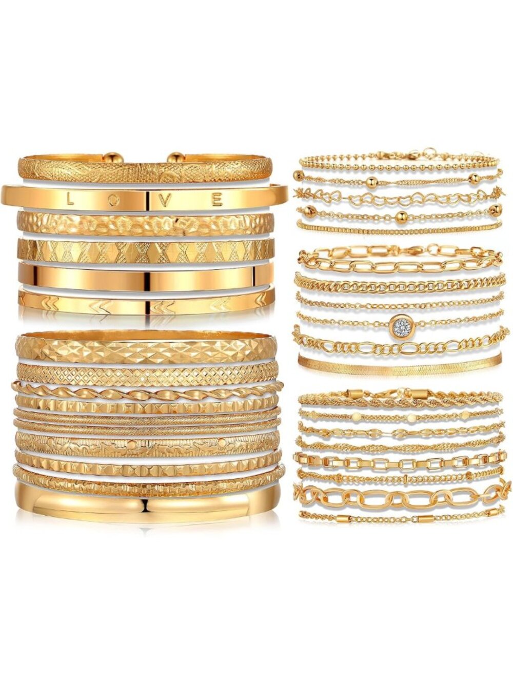 Boho Gold Chain Bracelet Set - 6 Pack Layered Stackable Cuff Bangles for Women